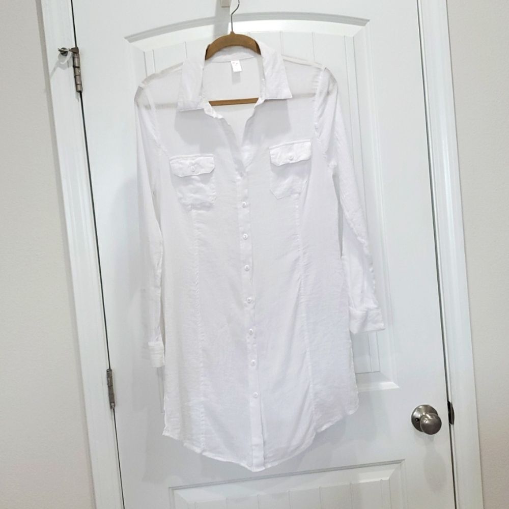GUC Women's  Seersucker Tropical Escape White Swimsuit Dress/Cover-up Size L